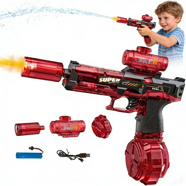 Електрически Воден Пистолет YOUKUKE®, Интерактивен LED, Звукови Ефекти, Обхват 10м, 1 Акумулаторна Батерия, Червен