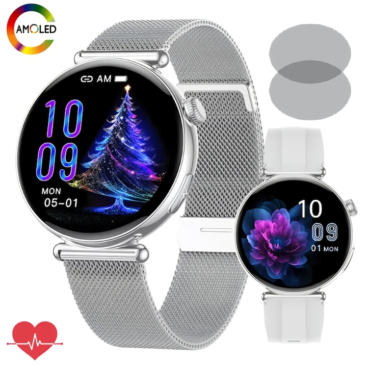 Zenark MED EX 9 PRO okosóra nőknek, Ultra HD 4K AMOLED kijelző, EKG monitorozás, 1.32 hüvelyk, 2 szíjjal