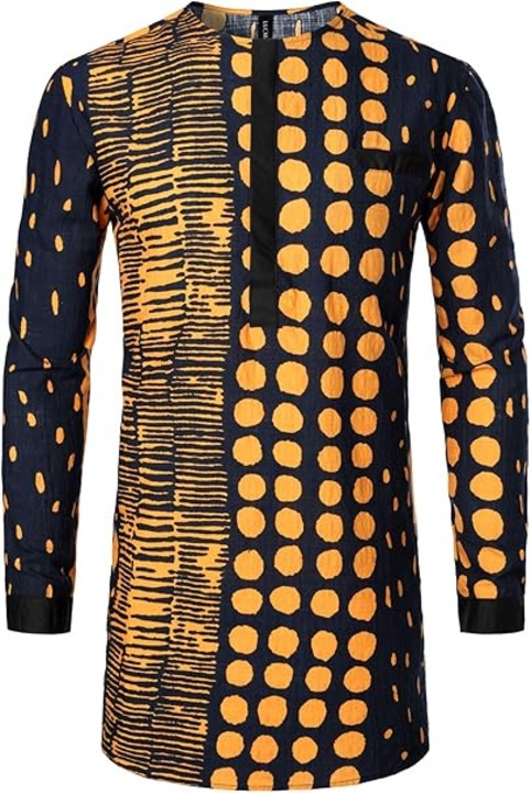 Camasa pentru Barbati, Slim Fit, cu Elemente Tribale Africane – Stil Retro, Party, Casual, Negru-Portocaliu, Marimea M