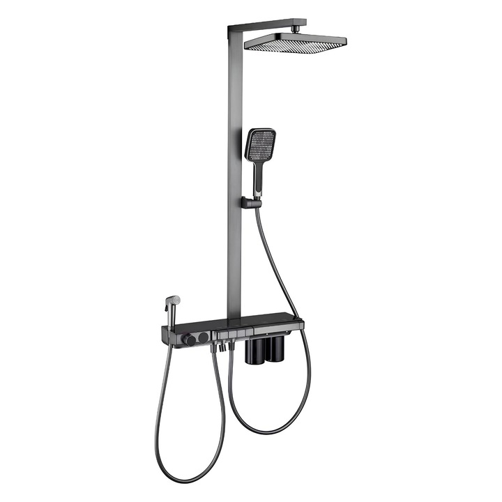 Coloana de dus RainDrop® cu termostat, afisaj LCD, dozatoare automate sampon & sapun, 4 functii de curgere, gri mat