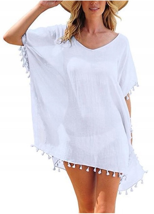 Tunică de plajă, SNM, stil boho, franjuri, alb, marime universală