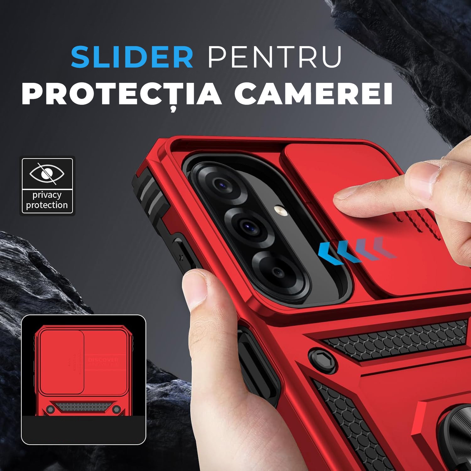 Husa pentru Samsung Galaxy A37 5G DaDen Hybrid Armor Kickstand, Slider Camera, Antisoc, Protectie Superioara, Rosu