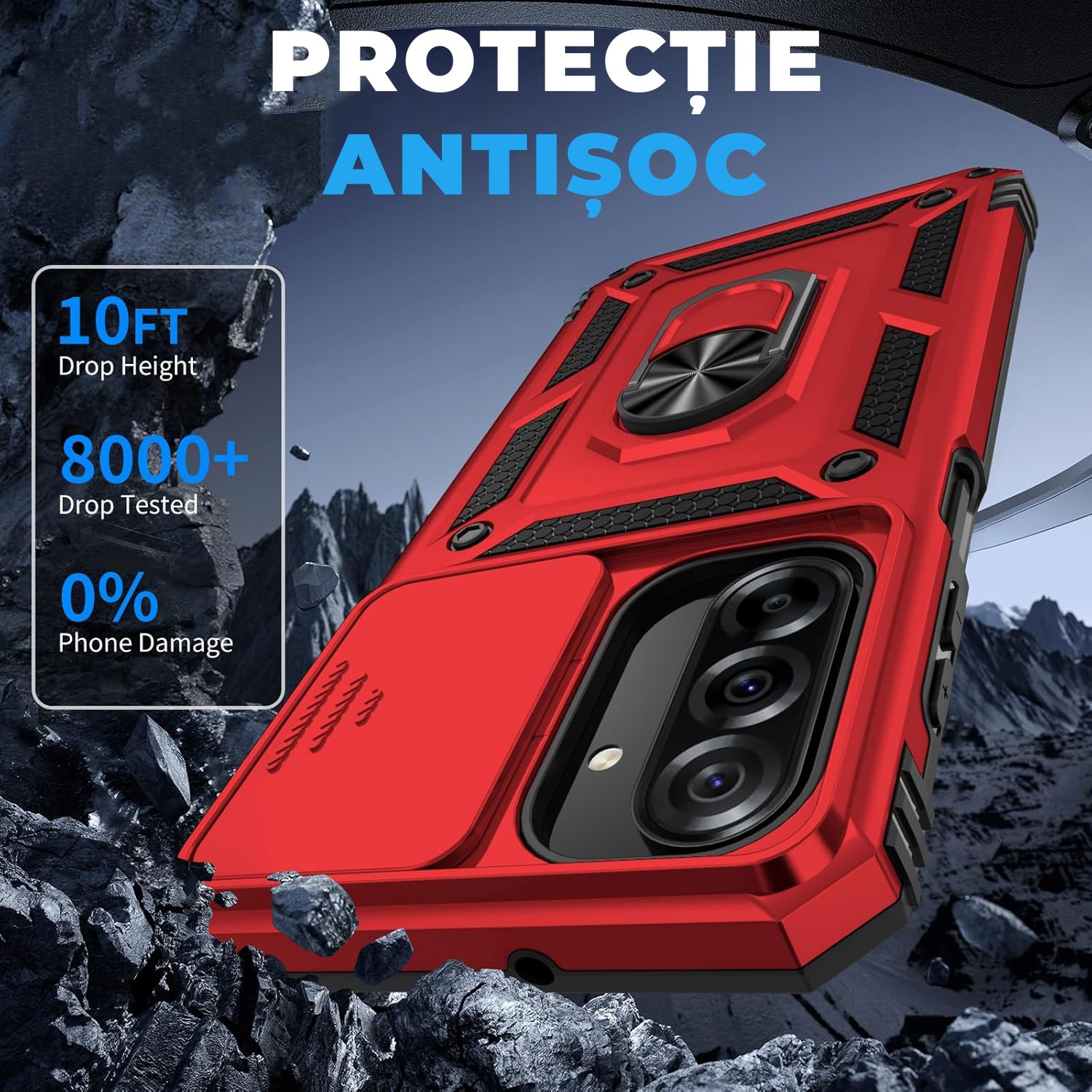 Husa pentru Samsung Galaxy A37 5G DaDen Hybrid Armor Kickstand, Slider Camera, Antisoc, Protectie Superioara, Rosu
