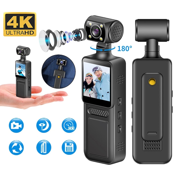 Видеокамера 4K Ultra HD, LikeSmart BodyCam, LED светкавица, 1.3" дисплей, 140° ъгъл на заснемане, 180° ротация, WiFi, 1500mAh батерия, USB Type-C