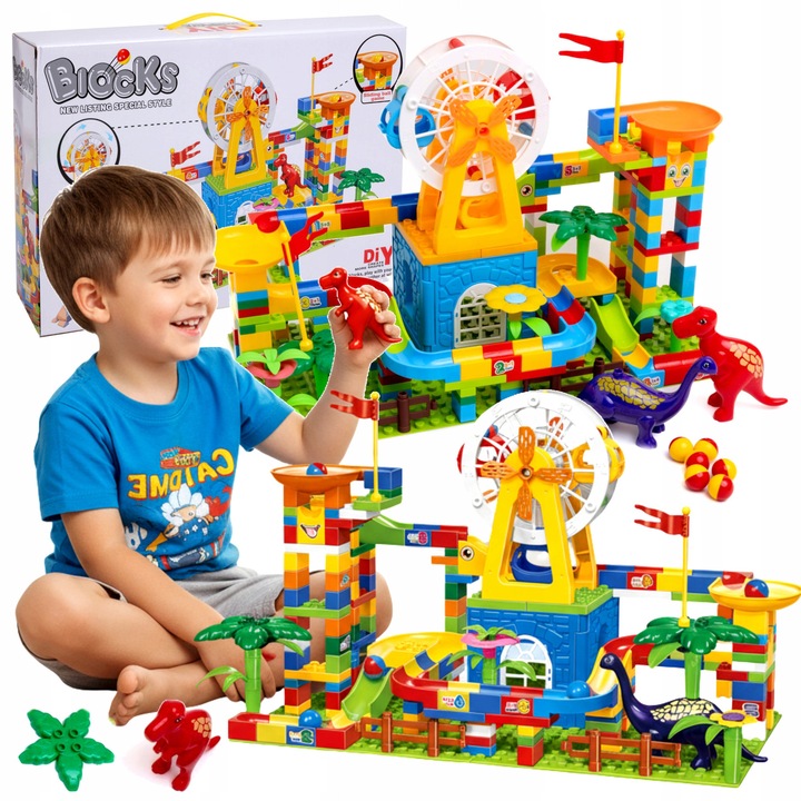 Образователен и творчески комплект LikeSmart Dino Marble Run, Голямо колело с писта за топчета, 2 фигурки на динозаври, 6 топчета, Цветни стикери за декорация, 255 части, 3+