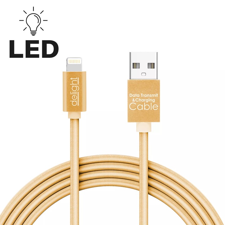 Cablu date incarcare lightning cu lumina LED 1m auriu