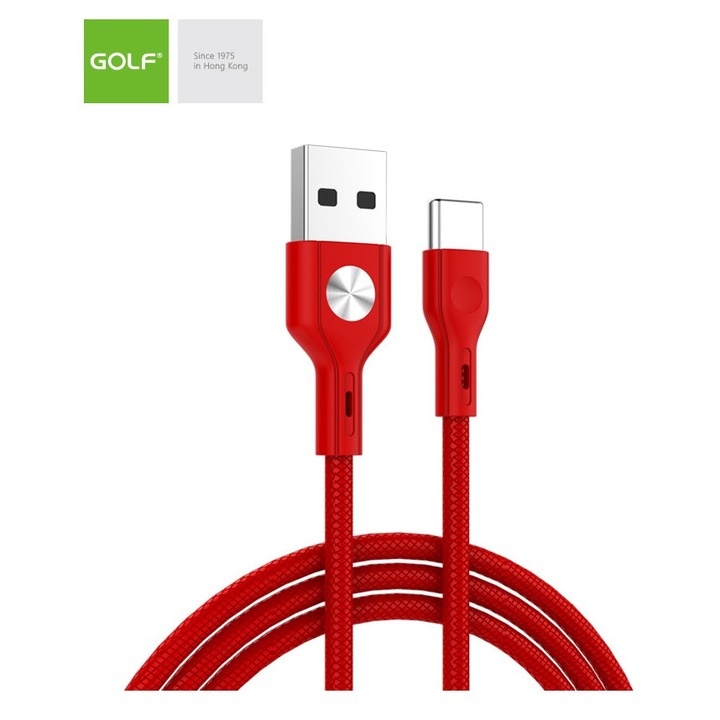 Cablu USB la USB Type C Golf, 1m, rosu, 3A, imitație piele