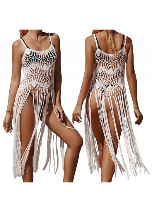 Tunica plaja, SNM, universal, alb, stil boho, material dantelat, ciucuri decorativi, croiala lejera, aerisita, evidentiaza bronzul