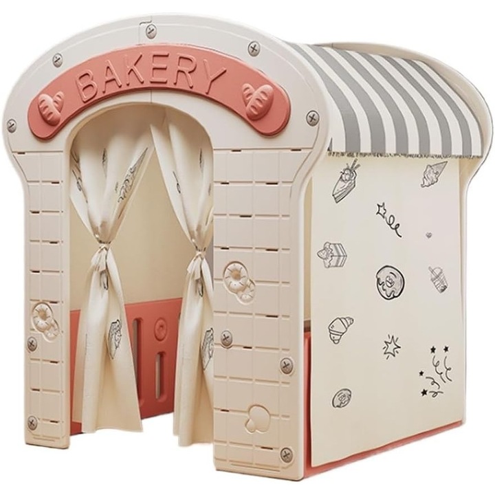 Casuta de joaca pentru copii Nichiduta Garden Pink Bakery, iluminata, intrare eleganta cu perdelele, constructie robusta, margini rotunjite, dimensiune 115 x 92 x 98 cm