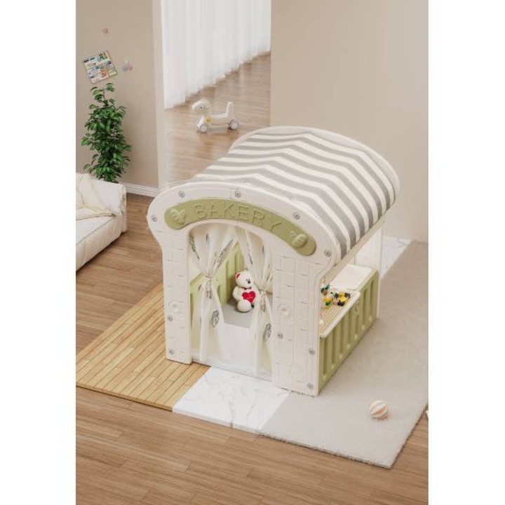 Casuta de joaca pentru copii Nichiduta Garden Green Bakery, iluminata, intrare eleganta cu perdelele, polita laterala, constructie robusta, margini rotunjite, dimensiune 115 x 92 x 98 cm