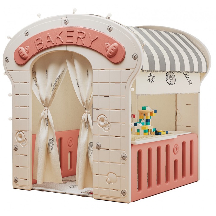 Casuta de joaca pentru copii Nichiduta Graden pink Bakery, iluminata, cu draperie si covoras din bumbac inclus, dimensiune 98 x 92 x 115 cm