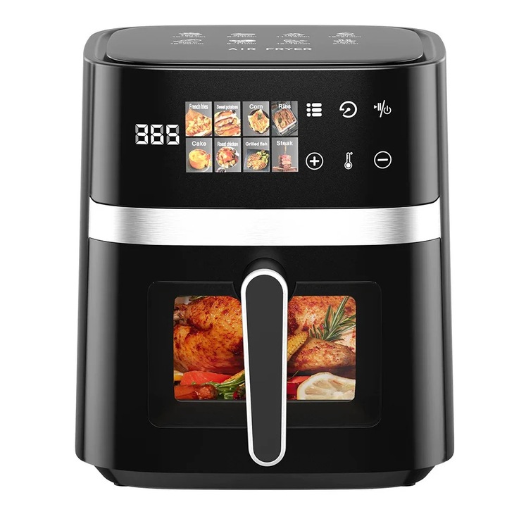 Friteuza cu aer cald, ecran tactil LED, moduri de gatit automate, 2400 W, capacitate 9 l, negru