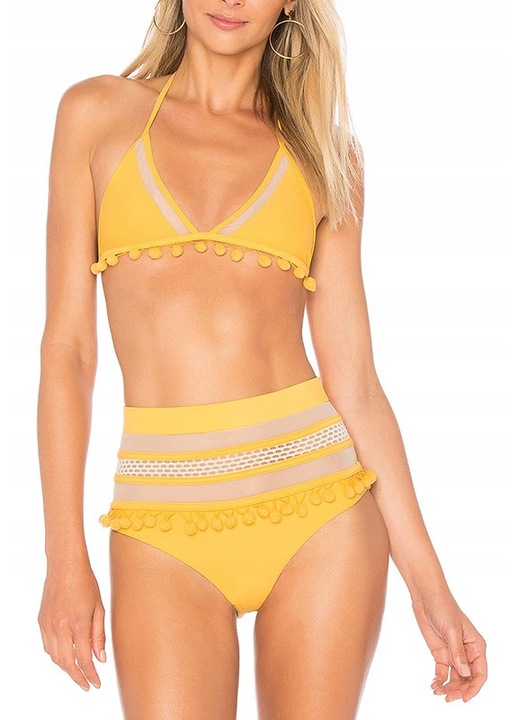 Kétrészes fürdőruha, SNM, magas derekú bikini rojtokkal, sárga, S méret