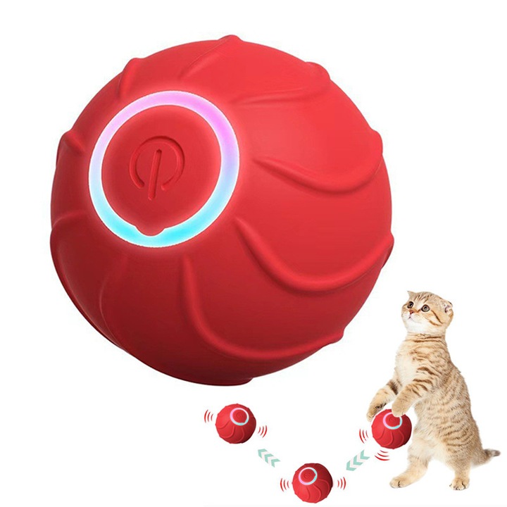 Interaktív macskajáték, NAXSIR, Felkelti a macska figyelmét, Ugráló labda, LED lámpák, USB töltés, Piros