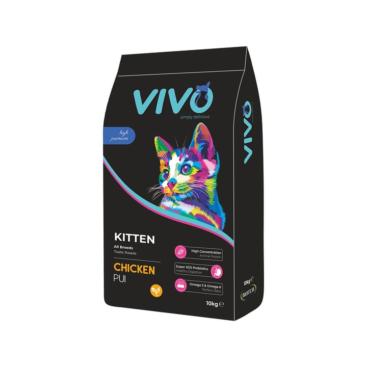 Hrana uscata premium, VIVO, continut ridicat de proteina, pentru pisici kitten, cu pui, 10kg