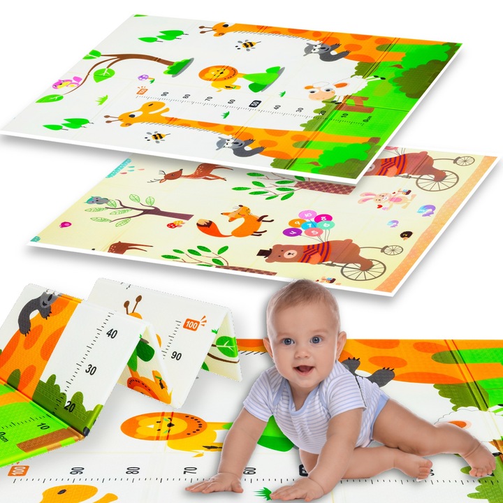 Covor educational pliabil cu doua fete Humbi, din spuma XPE, 120 x 180 x 0,8 cm, girafe, ruleta, ursi, vulpi, caprioare
