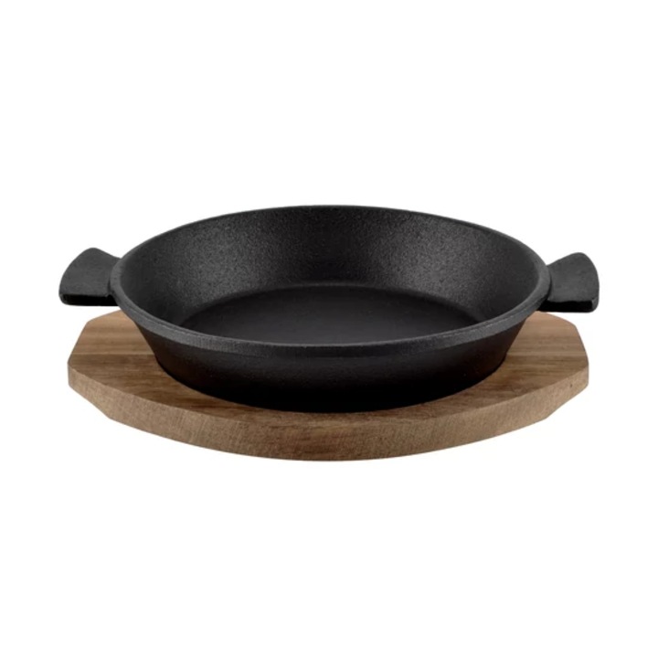Tava rotunda din fonta cu suport din lemn 19 cm