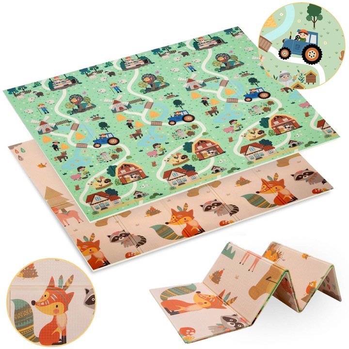 Covor educational pliabil, cu doua fete, din spuma XPE, sigur pentru podea, 180x200, padurea satului Humbi