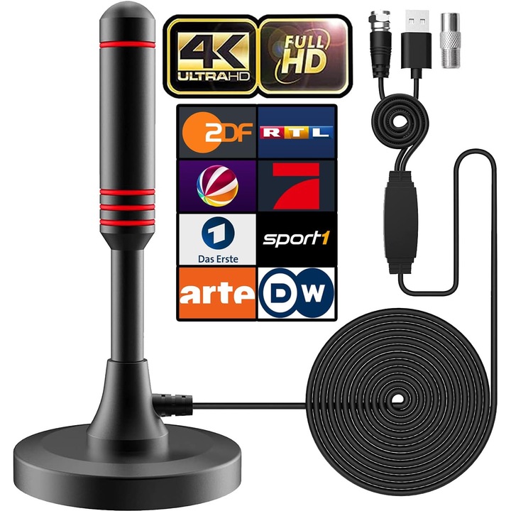 Antena TV digitala de interior Sufubyte, DVB-T/DVB-T2, amplificator activ 36 dBi, receptie 360°, cablu 5 m, USB, Negru