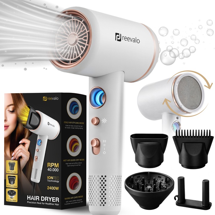 Uscator de Par, Reevalo® Uscator de Par Profesional, Feon Ultra Puternic, 2400W, 40.000RPM, 4 Accesorii Incluse, Ingrijire cu Ioni Negativi, LED, Uscator Inteligent, Protejeaza Firul de Par, 3 Trepte Viteza, 3 Trepte Temperatura, Cald/Rece, Alb-Auriu