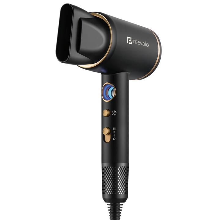 Професионален сешоар Reevalo® Ultra-мощен 2400 W, бързо съхнене, 3 степени на скорост, LED светлина, бутон за студено/топло, 4 включени аксесоара, черно-златист