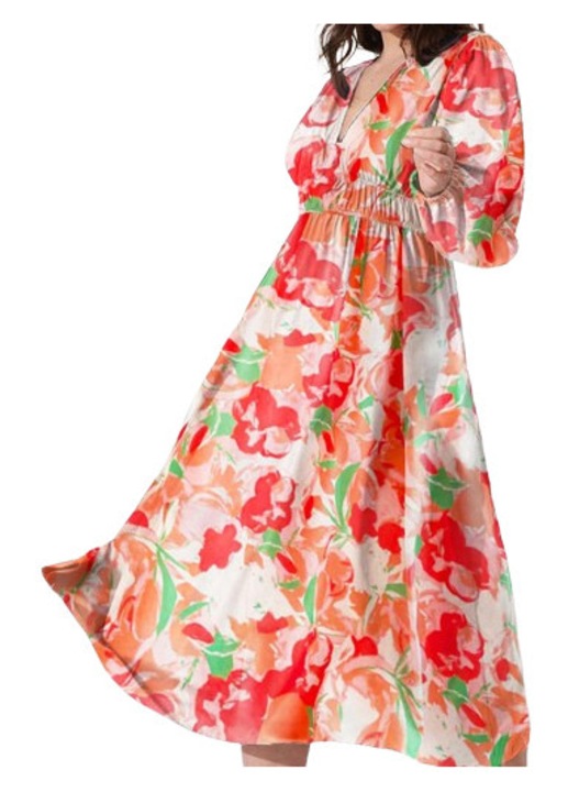 Rochie rosie lunga de vara cu imprimeu floral, Rosu, XL