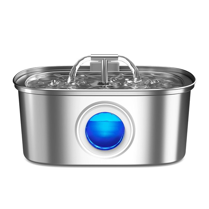 Fantana automata din otel inoxidabil pentru pisici si caini, capacitate 3.2L, sistem de filtrare cu carbon activ, functionare silentioasa