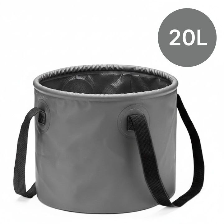Összecsukható kültéri vödör, PVC anyag, hordozható tárolóedény, alkalmas kempingezéshez, piknikezéshez, horgászathoz, nagy kapacitású, 20 l, szürke