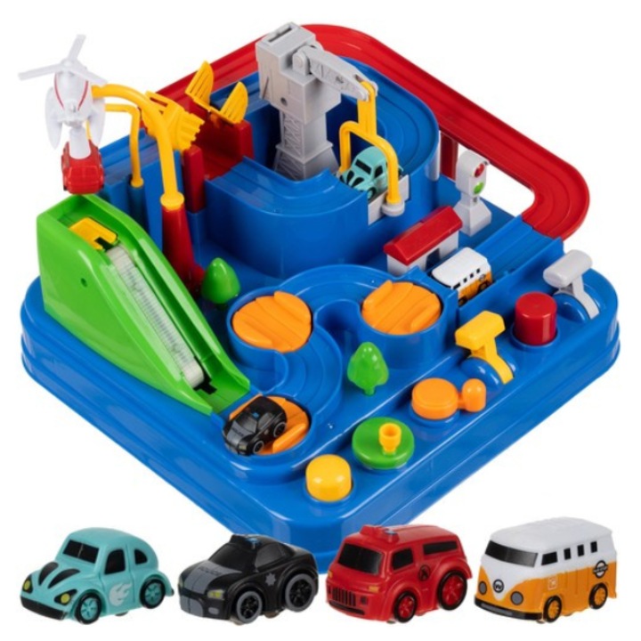 Traseu cu Obstacole pentru Masinute AB HOMES – Piese Mobile, 4 Masini si Elicopter, Joc Interactiv pentru Copii, Multicolor