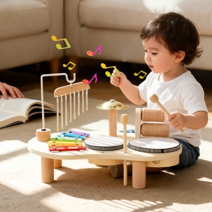 Jucarie muzicala Montessori din lemn pentru bebelusi, masuta MOSMAOO® cu 5 instrumente: xilofon, tobe, cinele, clopotei si role sonore - set educational pentru copii 1-3 ani, dezvoltare senzoriala si motrica