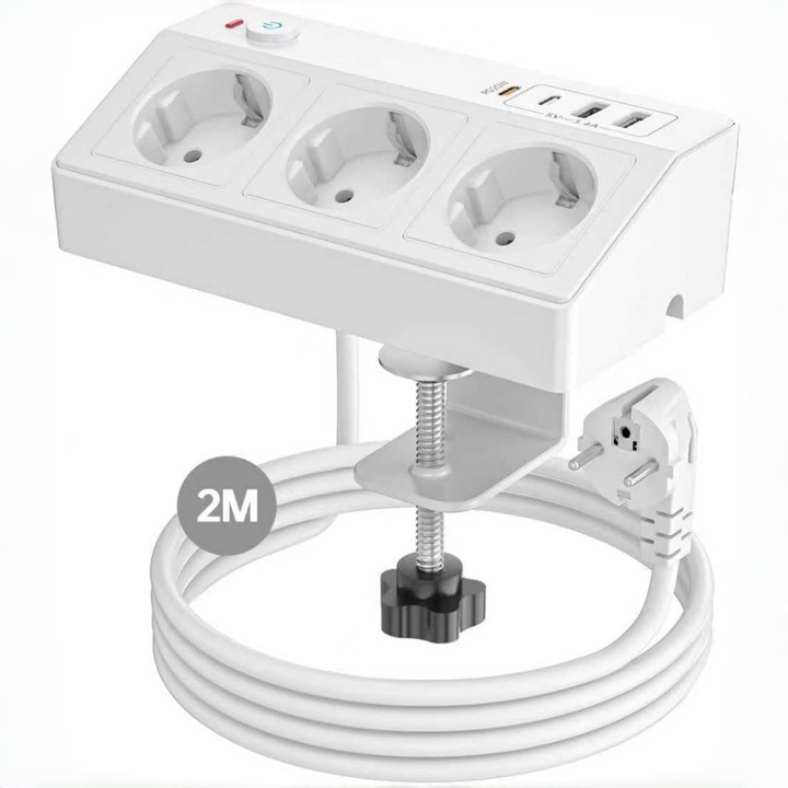 Prelungitor 7 in 1, MOSMAOO®, cu USB-C PD 20W Clema Fara Gaurire, Protectie Supratensiune 4000W, 2x USB-A si Cablu 1.8m, Pentru Birou si Home Office, Alb