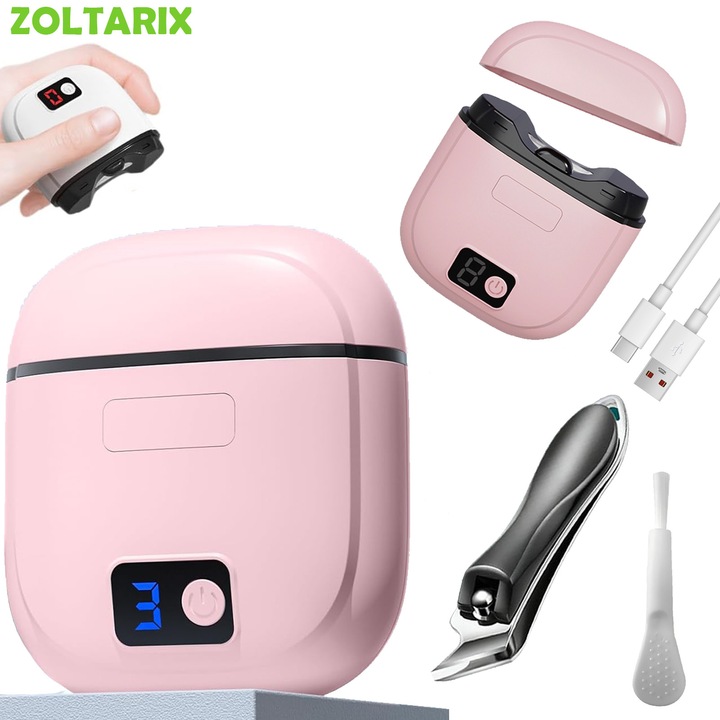 Професионална електрическа нокторезачка, ZOLTARIX, LED светлина, 3 скорости, отделение за отпадъци, маникюр, USB презареждаема, тиха, идеална за възрастни, деца, бебета и възрастни хора, розова