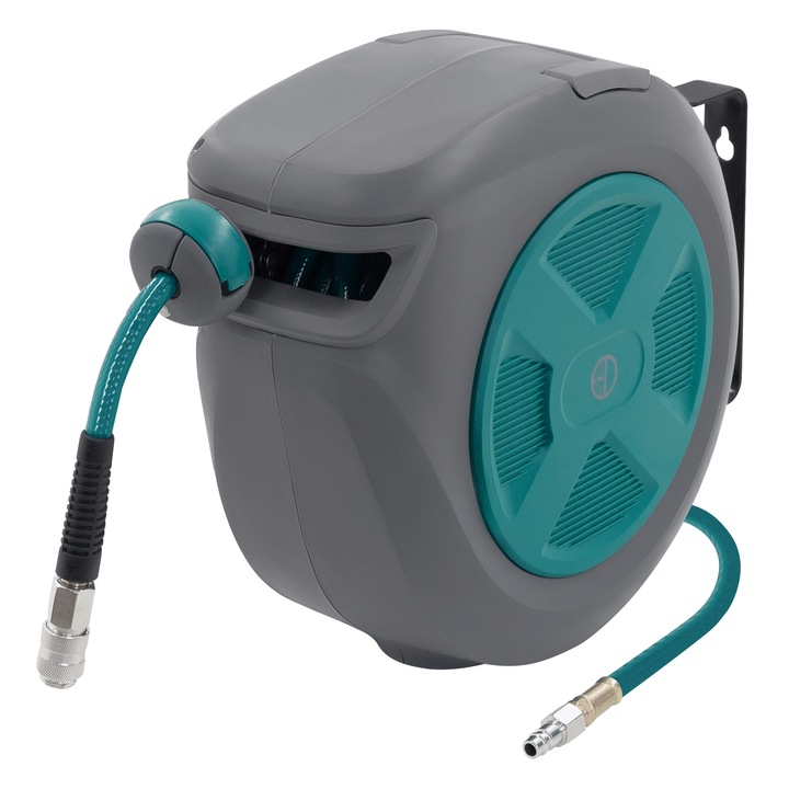 Rola automata cu furtun de gradina ECD Germany din PVC 15 m + 1, 5 m, extensibil cu tambur, racord de 1/4", sistem de blocare automat, rotativ 180°, Ø 12 mm, retractabila, cu kit de montare pe perete