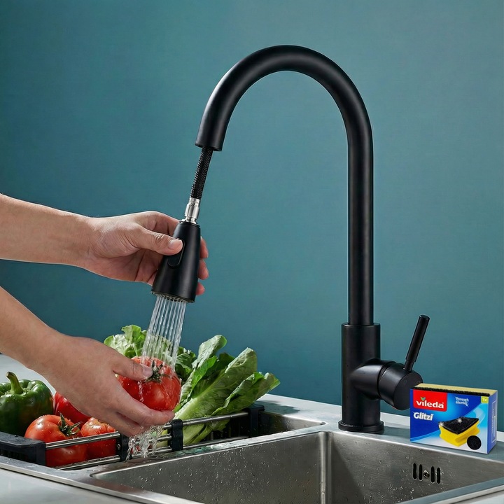 Set Baterie Chiuveta Bucatarie TrioStore® Din Alama Cu Dus Extractabil Monocomanda Si Pipa Pivotanta 360°, Doua Moduri De Curgere, Montaj Pe Chiuveta + Burete Vileda Glitzi Pentru Curatare Eficienta, Negru