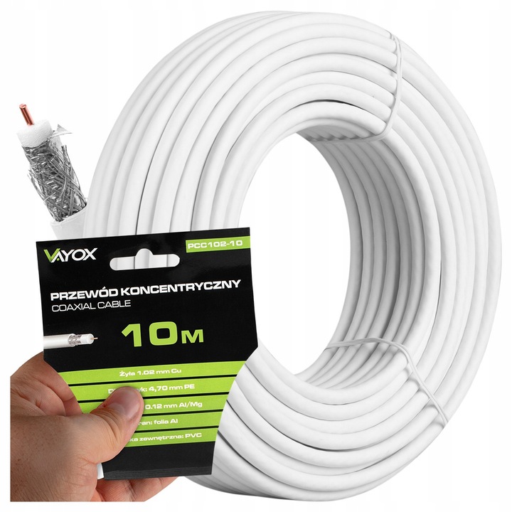 Vayox PCC102-10 TV Koax Kábel, RG6U, Réz, 75 Ohm, 10 m hossz, Fehér