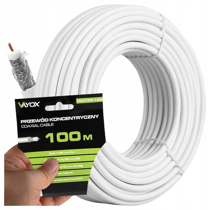 Vayox PCC102-100 TV koax kábel, RG6U, réz, 75 ohm, 100 m hosszúság, fehér
