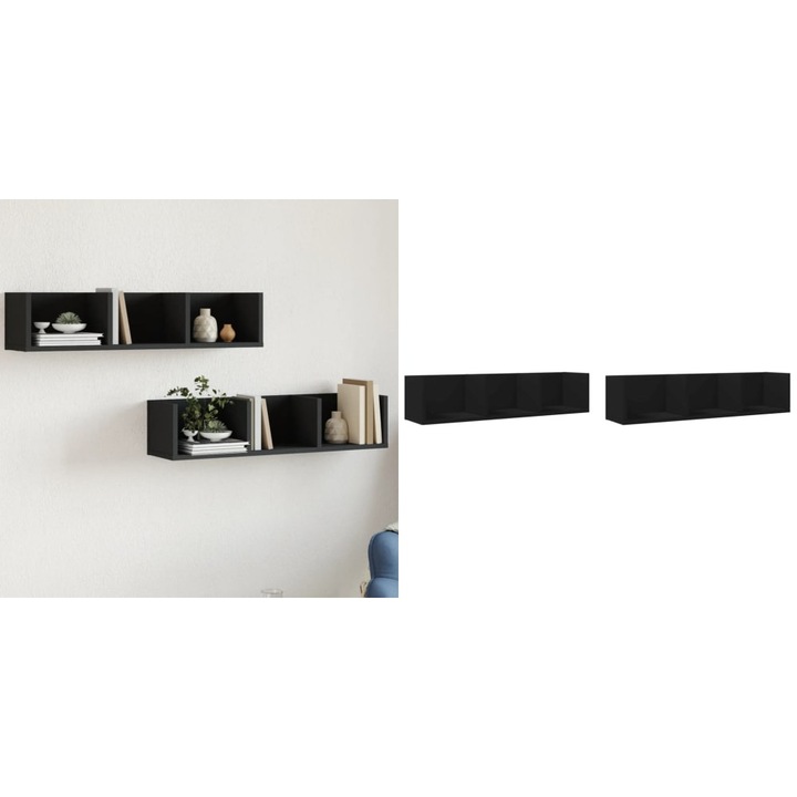 Rafturi de perete, set 2 buc., Negru, lemn compozit, 75x18x16, 5 cm