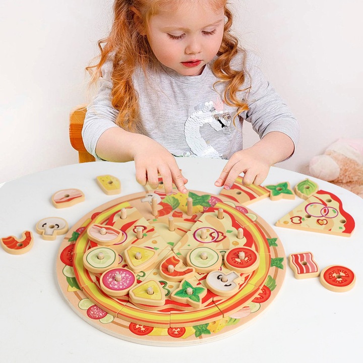 Set Pizza din Lemn pentru Copii, Joc de Rol cu Feliere si Accesorii, tip Montessori