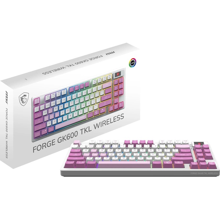 Tastatură gaming MSI Forge GK600 TKL W, mecanică, violet, USB 2.0, Bluetooth