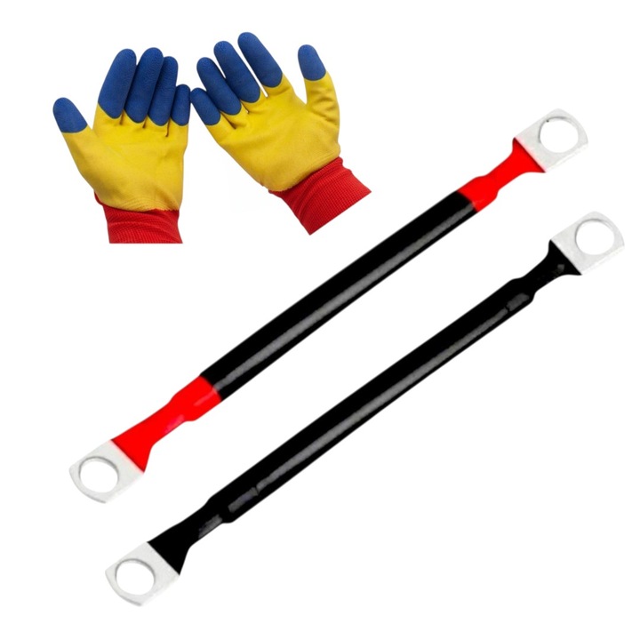 Set cablu transfer curent si pornire baterie, sectiune 6 mmp, lungime 2x75 cm, rosu, negru, la ambele capete cu papuci compatibili M6, conductivitate electrica excelenta cu Set manusi protectie