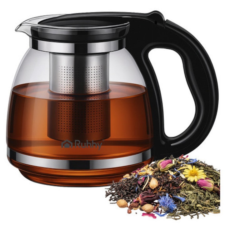 Ceainic din Sticla 2L cu Infuzor Inox, Rezistent la Soc Termic, Pentru Ceai si Cafea, RUHHY, Transparent/Negru