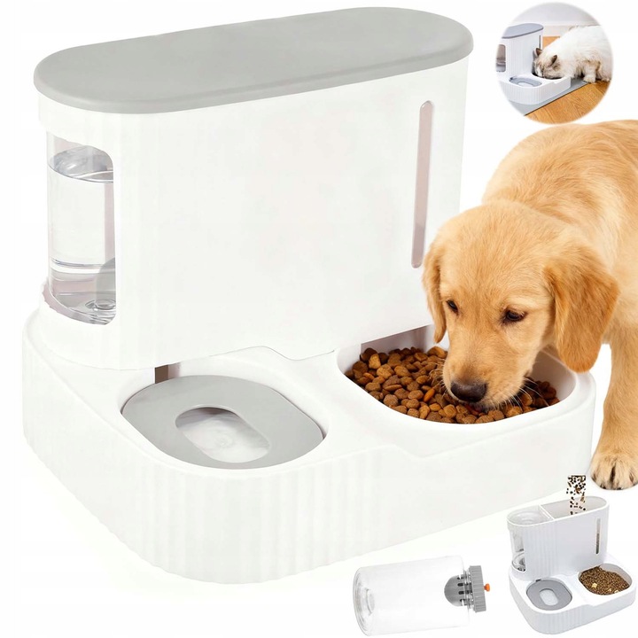 Castroane si adapatori animale Hranitor Automat, 2 In 1 gravitational apa si dozator de hrana, capacitate apa 0.85L/ hrana 3L pentru Caini si Pisici, Plastic