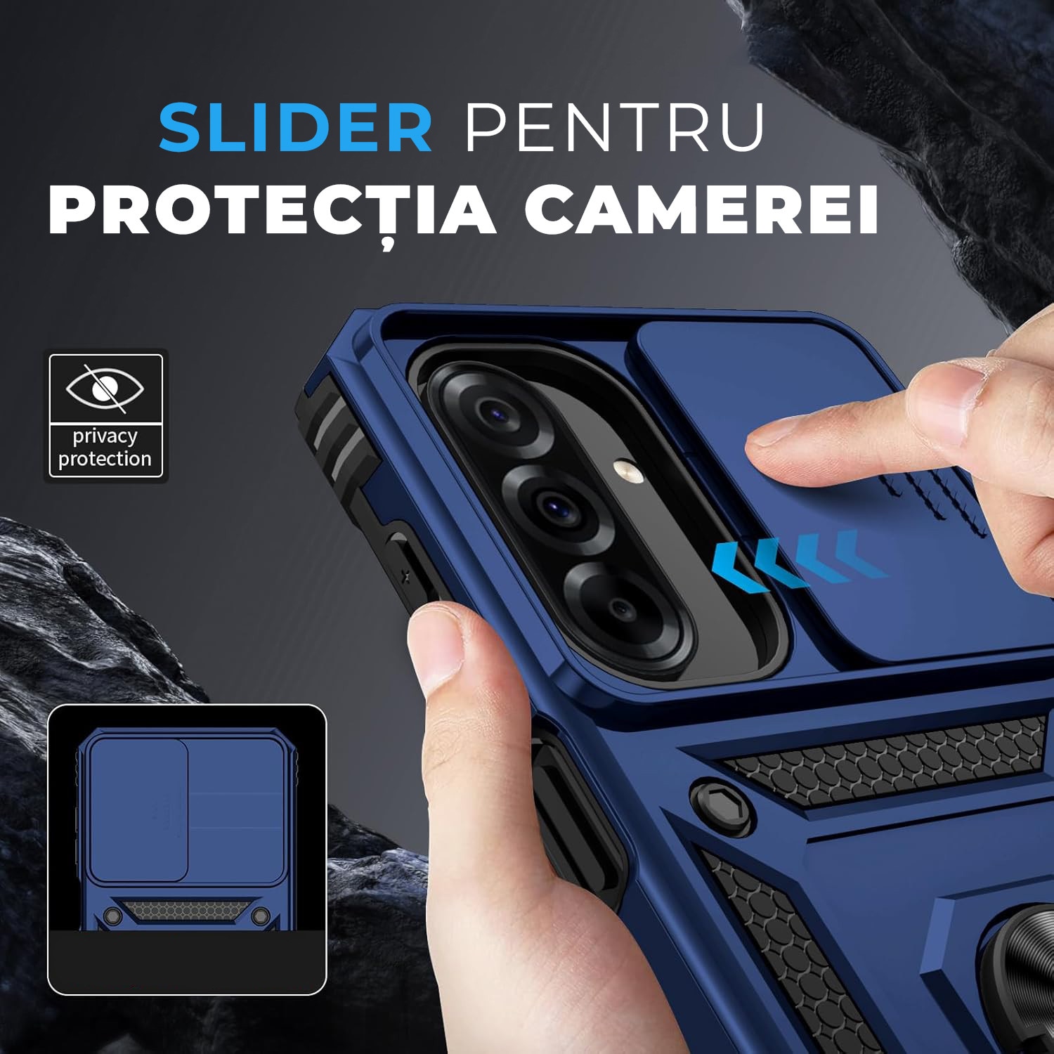 Husa pentru Samsung Galaxy A57 5G DaDen Hybrid Armor Kickstand, Slider Camera, Antisoc, Protectie Superioara, Albastru