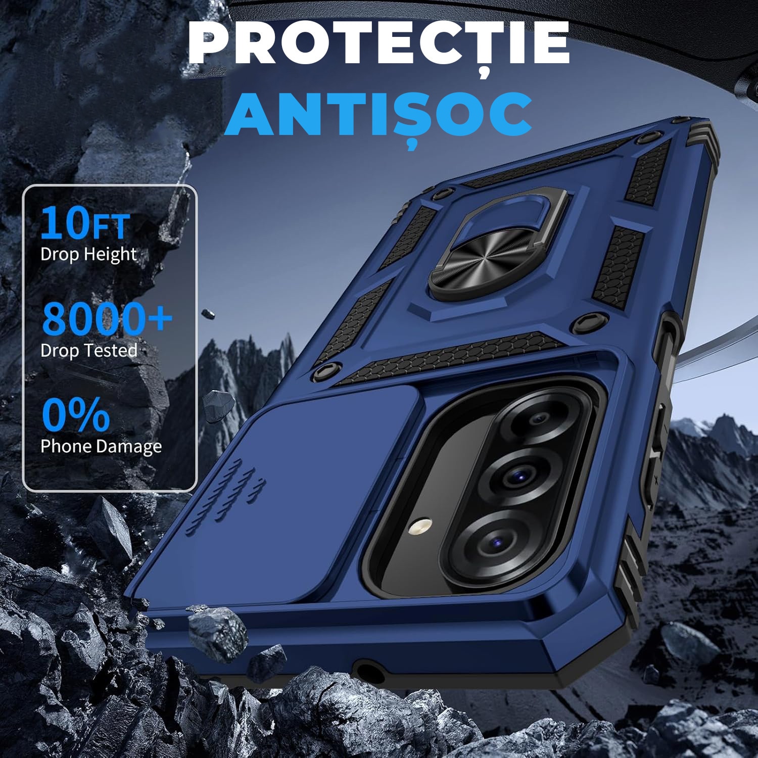Husa pentru Samsung Galaxy A57 5G DaDen Hybrid Armor Kickstand, Slider Camera, Antisoc, Protectie Superioara, Albastru