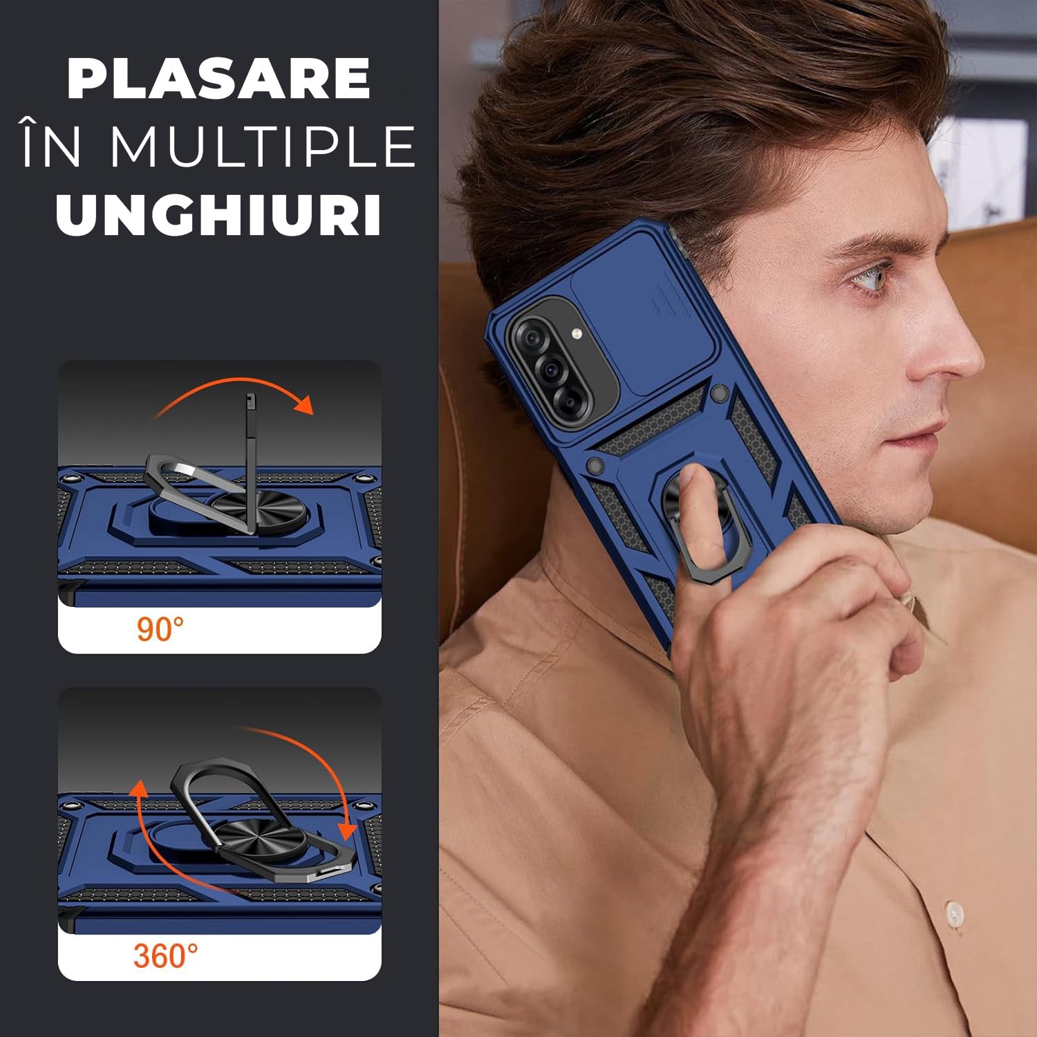 Husa pentru Samsung Galaxy A57 5G DaDen Hybrid Armor Kickstand, Slider Camera, Antisoc, Protectie Superioara, Albastru