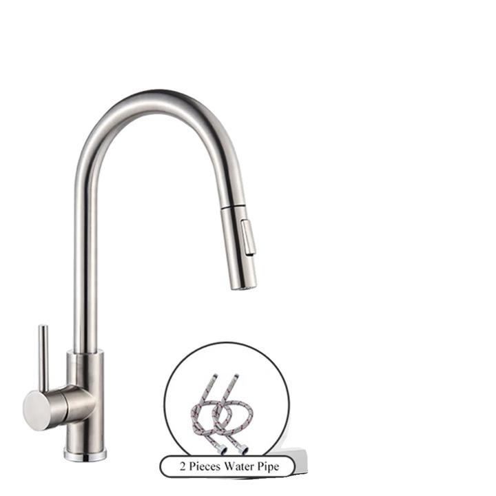 Санитарен смесител, дизайн за монтаж на плот, прибиращ се спрей, матиран никел