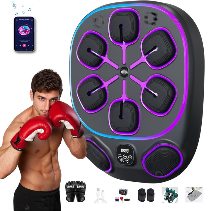 Aparat de box inteligent KENSUI, muzical, suport Bluetooth, LED, cu mănuși de box, negru, 48x61cm