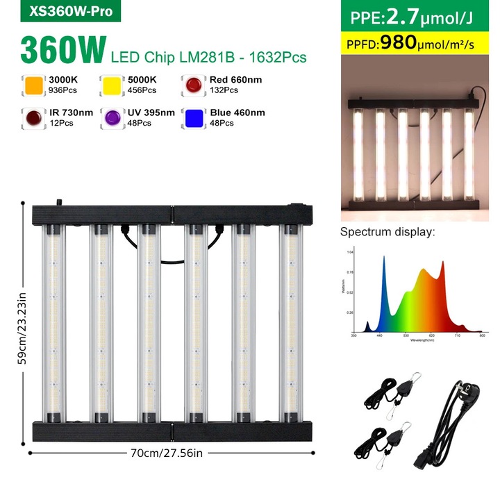 LED лампа за отглеждане на растения, 360W Pro, регулируема с въртящ се бутон, AC 110–240V, щепсел за ЕС, алуминиев корпус, синя