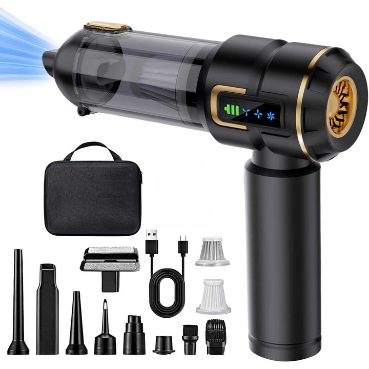 Aspirator de mana fara fir Oricean®, 16000Pa 4 in 1 Aspirator Auto cu Aspiratie Puternica si Ecran, Autogolire cu un Singur Buton, Mini Aspirator Auto pentru Casa, Birou, Masina, Par, Negru