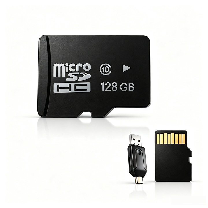 Card de memorie MicroSD, Include cititor de carduri, performanta stabila, stocare rapida, potrivit pentru camere de supraveghere, masini si telefoane inteligente, capacitate 128G